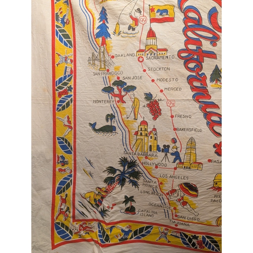 Vintage California Map Souvenir Linen Tablecloth Bandana‎ Tourist Kitsch - Picture 6 of 11
